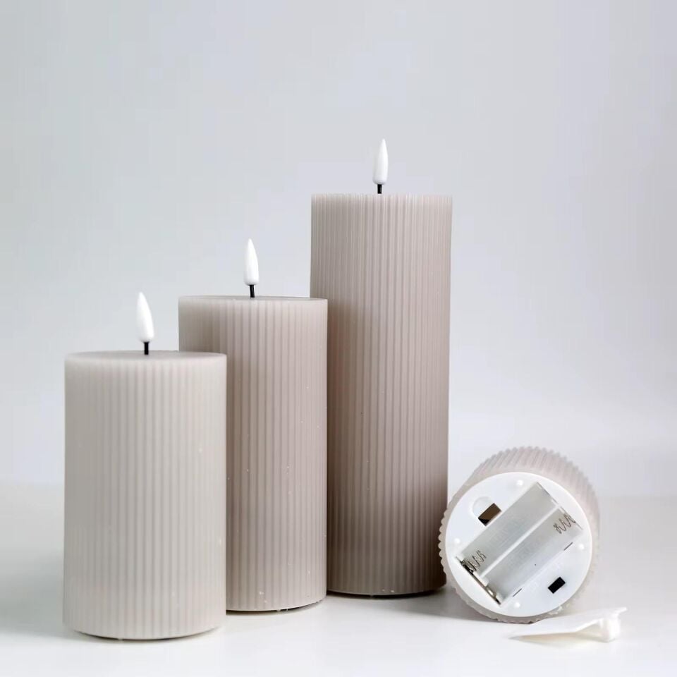 KUM TAŞI ÇİZGİLİ SİLİNDİR 3D LED MUM 3 LÜ SET