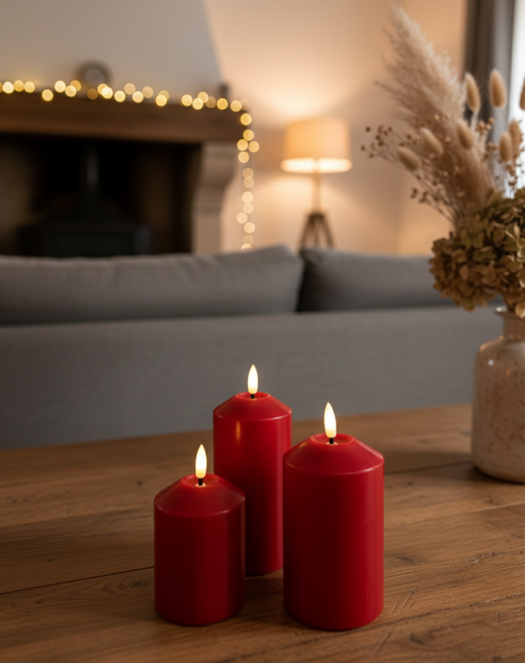 KIRMIZI DÜZ SİLİNDİR 3D LED MUM 3 LÜ SET