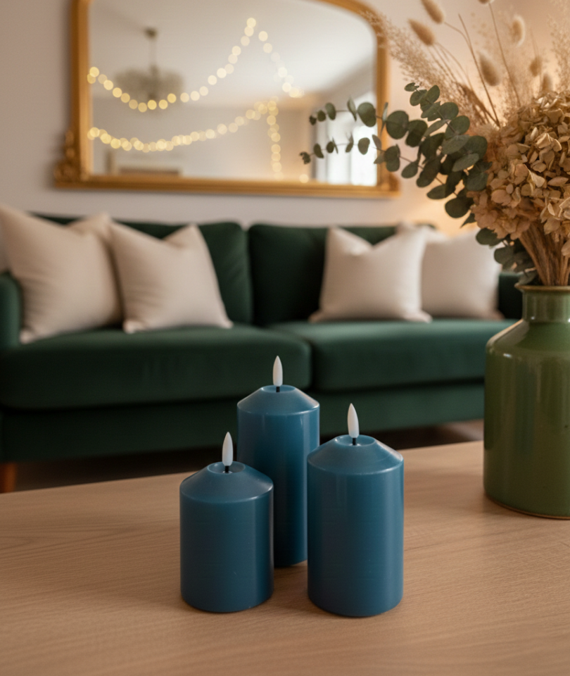 PETROL MAVİSİ  DÜZ SİLİNDİR 3D LED MUM 3 LÜ SET